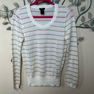 ❤️Ann Taylor Ivory & Metalluc gold strip light sweater EUC Sz M CLEARANCE